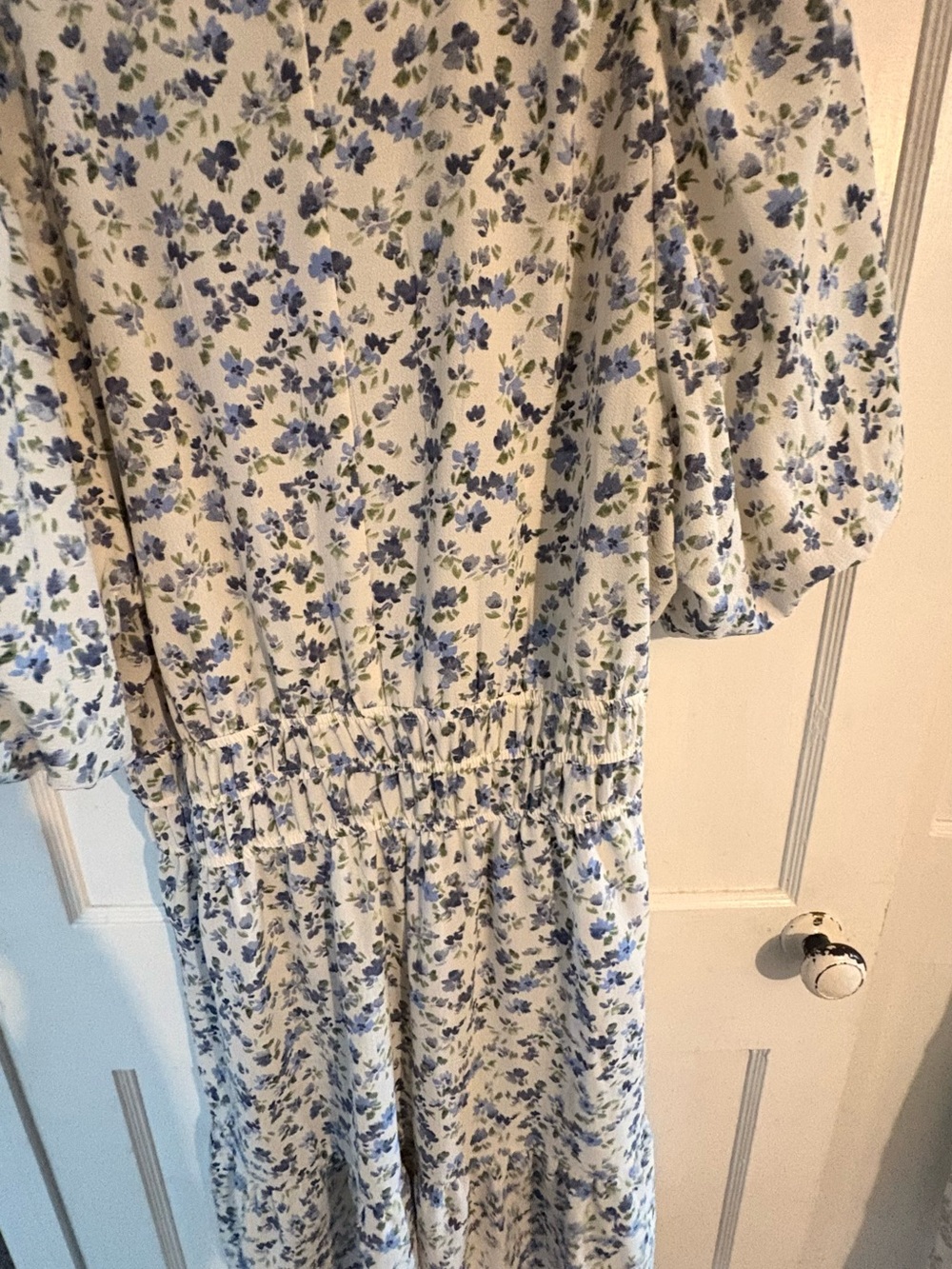Blue Floral Smocked-Waist Midi Dress
